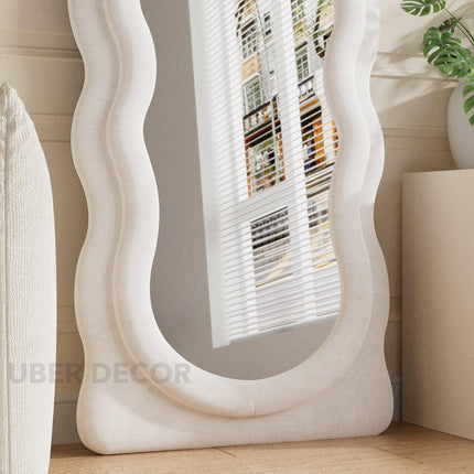 Wavy Symphony Upholstered Full-Length Bedroom Mirror- Modern Wavy Irregular Arched Mirror