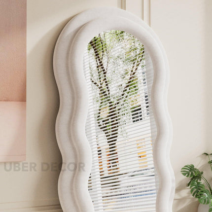 Wavy Symphony Upholstered Full-Length Bedroom Mirror- Modern Wavy Irregular Arched Mirror