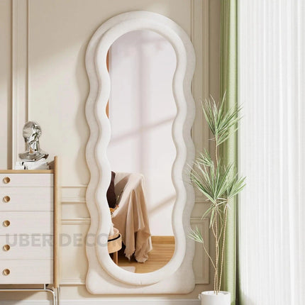Wavy Symphony Upholstered Full-Length Bedroom Mirror- Modern Wavy Irregular Arched Mirror