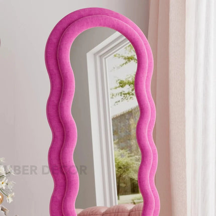 Wavy Symphony Upholstered Full-Length Bedroom Mirror- Modern Wavy Irregular Arched Mirror