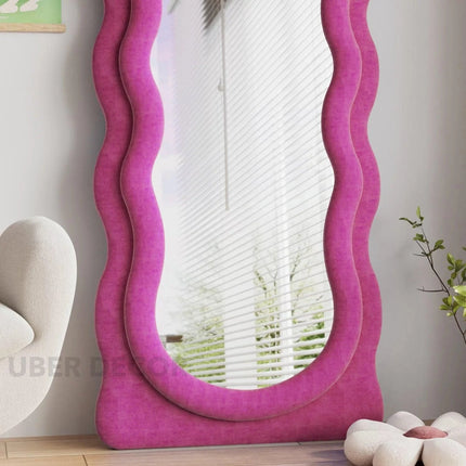Wavy Symphony Upholstered Full-Length Bedroom Mirror- Modern Wavy Irregular Arched Mirror
