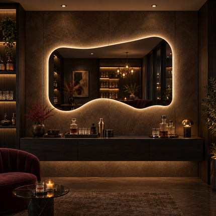 Nami Organic Wave Frameless LED Wall Mirror with Front or Back Lit for Bathroom Vanity and Contemporary Interiors