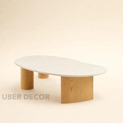Tangon Mid Century Modern Japandi Coffee Table with Organic Freeform Wooden Top and Wooden Block Legs for Living Room