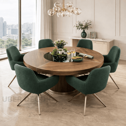 Halo Round Wooden Dining Table with Central Glass Inlay Modern Contemporary Design with Solid Pedestal Base for Dining Room