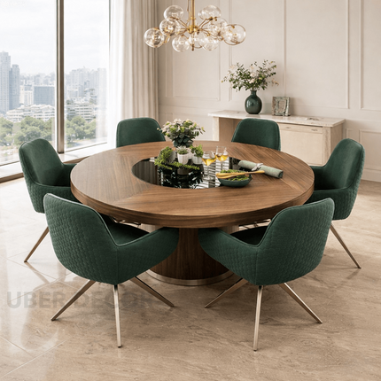 Halo Round Wooden Dining Table with Central Glass Inlay with Solid Pedestal Base for Dining Room