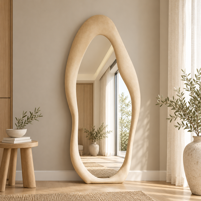 Modern Wavy Edge Full Length Standing Mirror-Large Sized Aesthetic Unique Stylish Mirror for Bedroom — lifestyle room setting