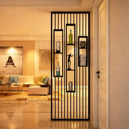 ELION Stainless Steel Vertical Slat Room Partition Divider With Open Display Shelves For Living Room And Home Office