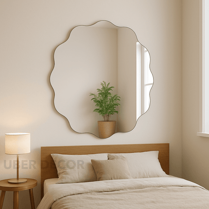 Scallop Serenity Asymmetric Frameless Round Wall Mirror- Aesthetic Ripple Shaped Circular Mirror for Wall Decor