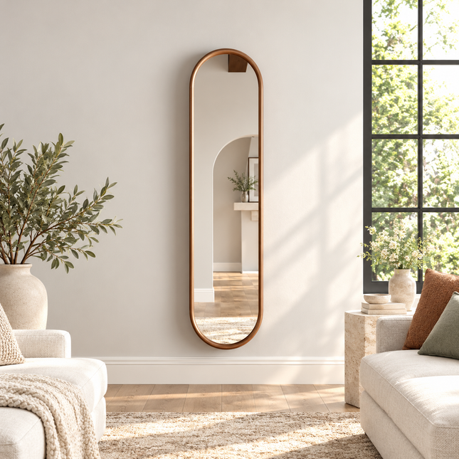 SlimCapsule Reflection – Capsule-Shaped Long Full-Length Mirror for Bedroom, Hotel Room or Living Room — lifestyle room setting
