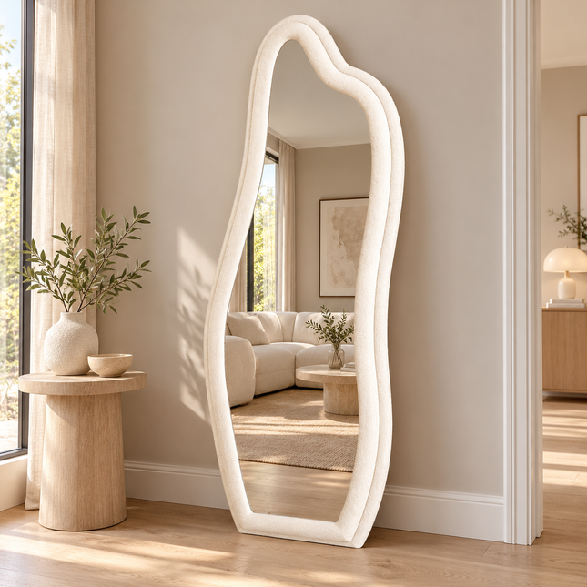 Whimsical Wave Upholstered Full Length Bedroom Mirror- Modern Wavy Irregular Arched Mirror — lifestyle room setting