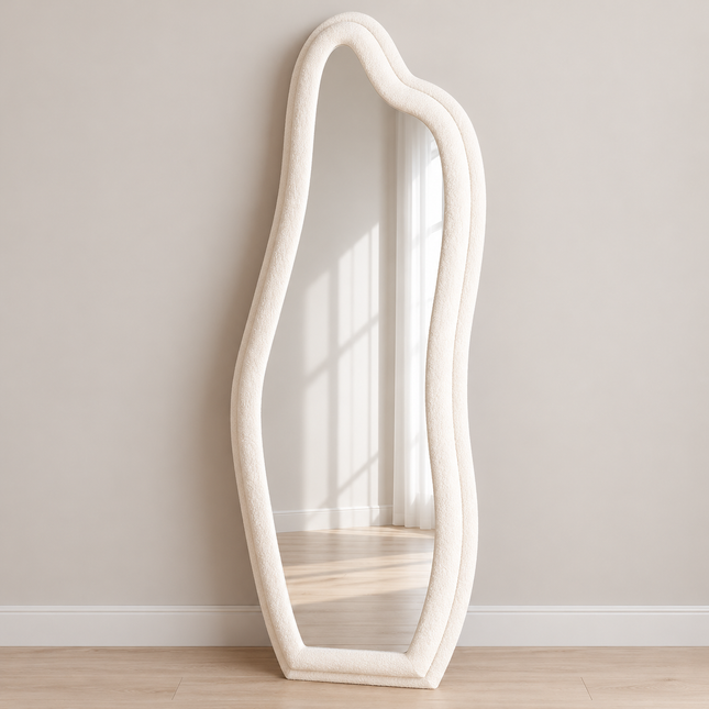 Whimsical Wave Upholstered Full Length Bedroom Mirror- Modern Wavy Irregular Arched Mirror — full product view