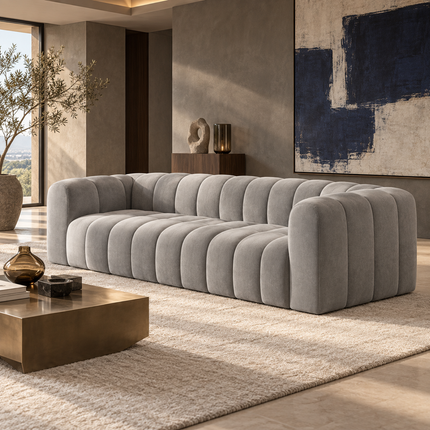 Mendoza Modern Channel-Tufted Sofa – Ready to Ship Grey Premium Suede Velvet Couch for Living Room