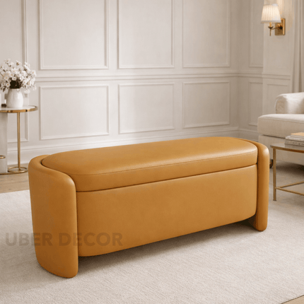 Isla Oval Storage Bench with Sculptural Curved Sides Modern Minimalist Organizer for Hallways, Bedrooms & Compact Living Spaces