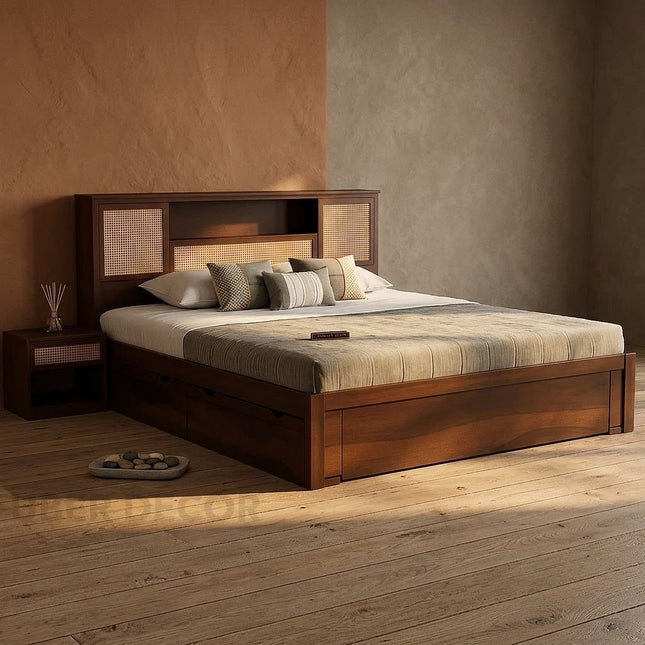 CaneHaven Japandi Wabi-Sabi Rattan Panel Platform Bed – Customisable Wooden Bed for Modern Indian Homes
