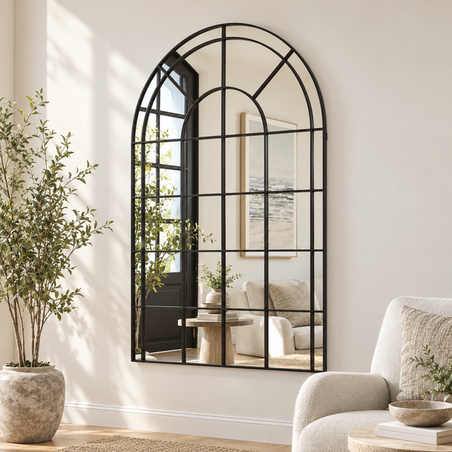 ArcVista Iron Window Pane Mirror | Simple Modern Arched Mirror with Metal Frame | Versatile Wall & Floor Placement — lifestyle room setting