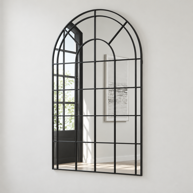 ArcVista Iron Window Pane Mirror | Simple Modern Arched Mirror with Metal Frame | Versatile Wall & Floor Placement — complete product view