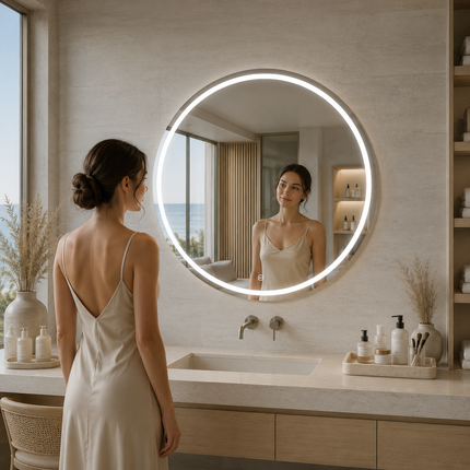 Circlia round led mirror front or back lit touch button frameless bathroom vanity mirror