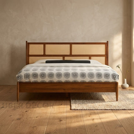 ElmWeave Scandinavian Wabi-Sabi Rattan Platform Bed – Japandi Customisable Wooden Bed for Urban Bedrooms