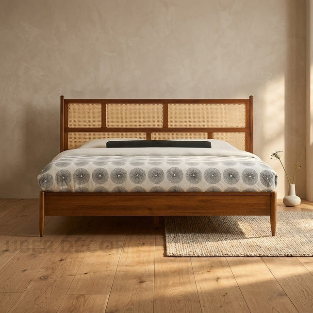 ElmWeave Scandinavian Wabi-Sabi Rattan Platform Bed – Japandi Customisable Wooden Bed for Urban Bedrooms