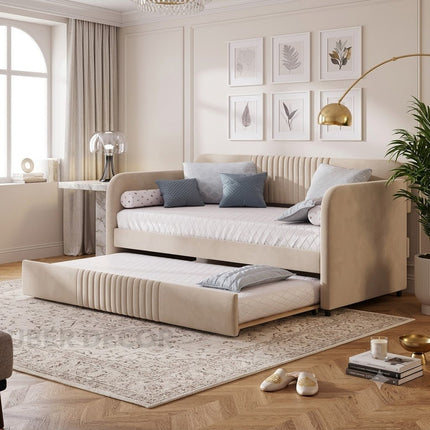 Merida pull-out trundle daybed – trundle extended in dual-sleeper bed configuration