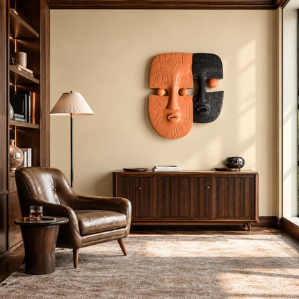 Dual Mask Rhythm Boho 3D Face Wall Art – Sculpture for Living Room