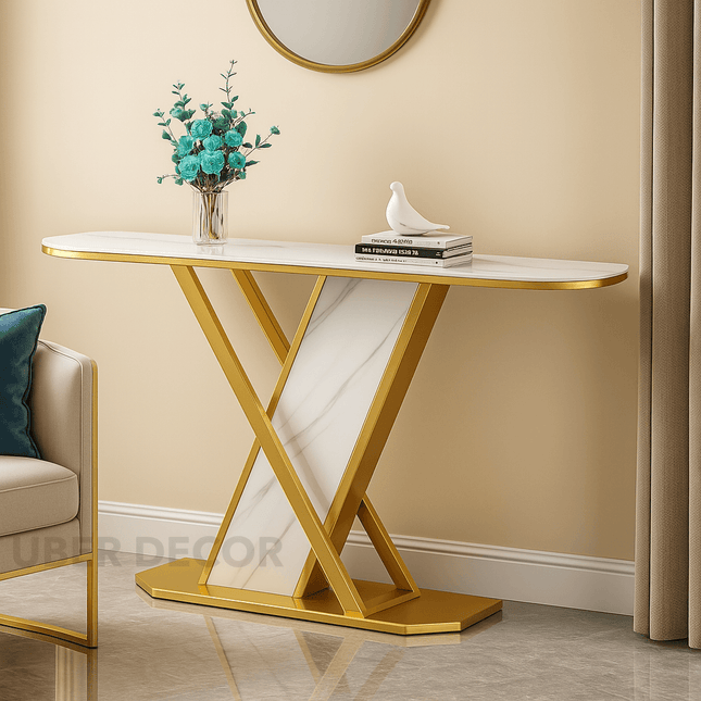 Vesper X Display Table – Custom Marble Top with Sculptural X-Frame Base for Entryways & Hallways
