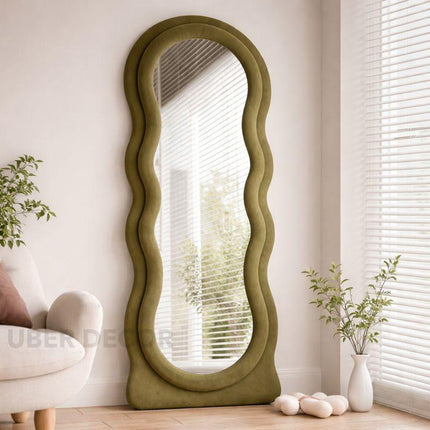 Wavy Symphony Upholstered Full-Length Bedroom Mirror- Modern Wavy Irregular Arched Mirror