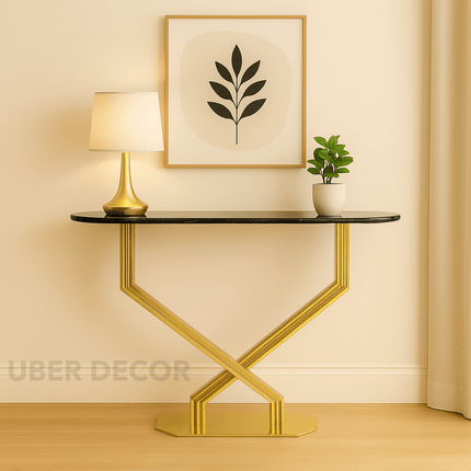 Astra Crossline Side or Console Table – Custom Black or White Marble Top with Gold X‑Frame Mid‑Century Glam For Hallway & Entryway