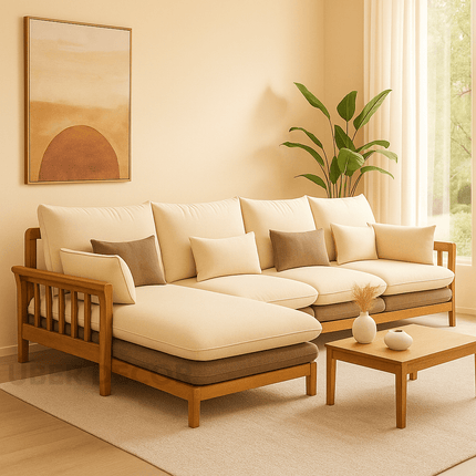 Duncan 4-Seater Japandi Style Wooden Frame L Shaped Sofa with Lounger for Living Room