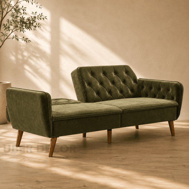 Arezzo 83" Futon Sofa- Tufted Laid Back Convertible Futon Couch Bed for Small Spaces, Home or Office