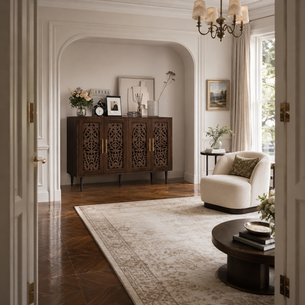 Aria Carve Mid Century Indian Solid Wood Cabinet – Handcrafted Floral Panels Ideal for Living Room, Dining Room & Entryway
