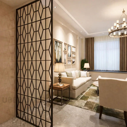 KRYNEX Stainless Steel Geometric Room Divider With Architectural Screen Pattern For Living Room Dining Area And Formal Seating Spaces