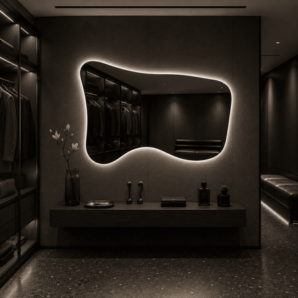 Sway Frameless Wavy LED Vanity Mirror Available in Front or Back Lit for Bathroom and Modern Interiors