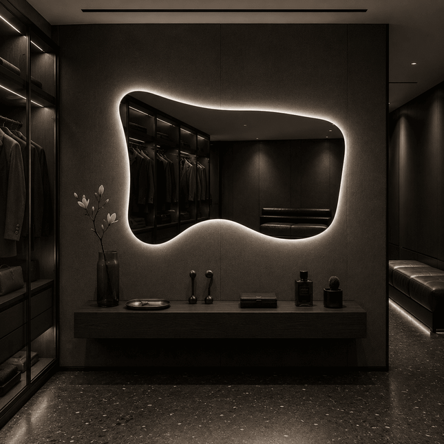 Sway Frameless Wavy LED Vanity Mirror Available in Front or Back Lit for Bathroom and Modern Interiors