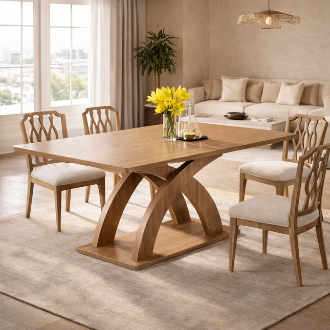 Aurelius Cross Rectangular Dining Table Mid Century Modern Architectural Design Solid Wood Pedestal Base Dining Table for Modern Homes