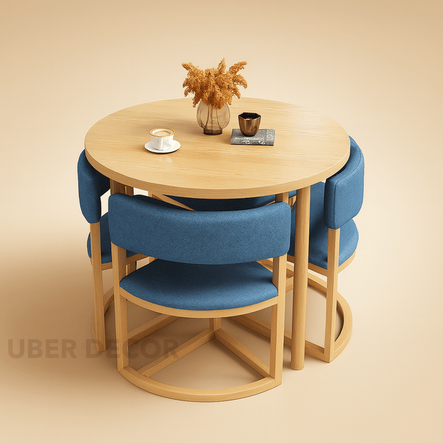 Nordica Compact Round Dining Set – Scandinavian Solid Wood with Custom Upholstery for Kitchen or Small Dining Room