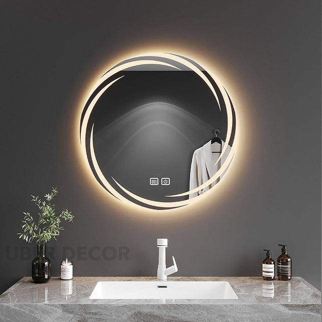 Artistic Swirl Round Shaped Mirror with LED Lights- Touch Sensor Mirror for Bathroom and Bedroom