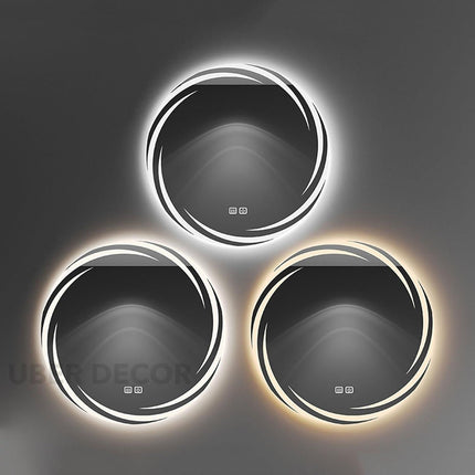 Artistic Swirl Round Shaped Mirror with LED Lights- Touch Sensor Mirror for Bathroom and Bedroom