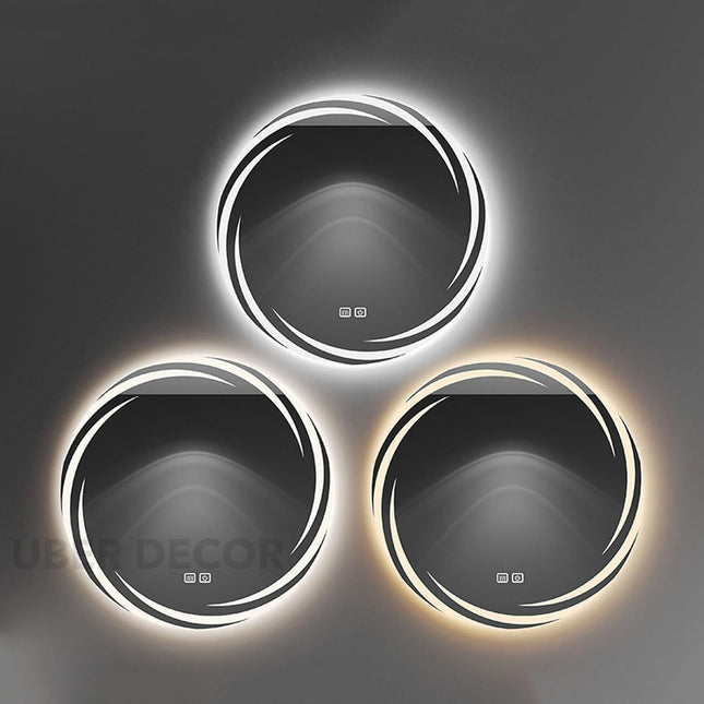 Artistic Swirl Round Shaped Mirror with LED Lights- Touch Sensor Mirror for Bathroom and Bedroom