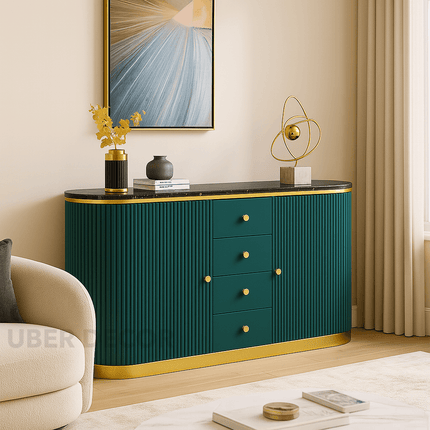 Celeste Grace Side or Console Table – Custom Marble Top with Fluted Cabinet & Metallic Trim Mid‑Century Modern Accent