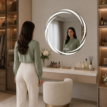 Swirlora Artistic Round Shaped Frameless Front or Backlit Mirror with LED Lights- Touch Sensor Mirror for Bathroom and Bedroom