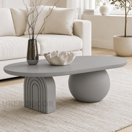 Magdalena Sculptural Mid Century Japandi Coffee Table with Organic Round Wooden Top and Sphere and Arched Block Legs