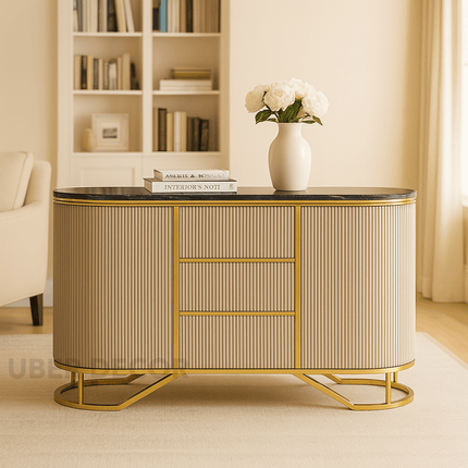 Marseille Entryway Table – Ribbed Cabinet with Gold PVD Frame Mid‑Century Modern Accent