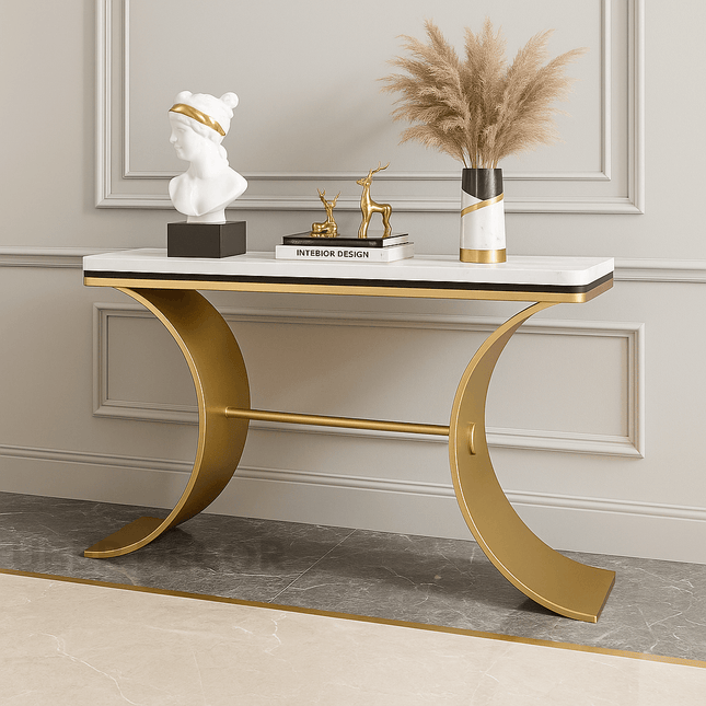 Celestique Curve Console Table – Custom Marble Top with Sculptural Crescent Base Mid‑Century Glam Entry Accent