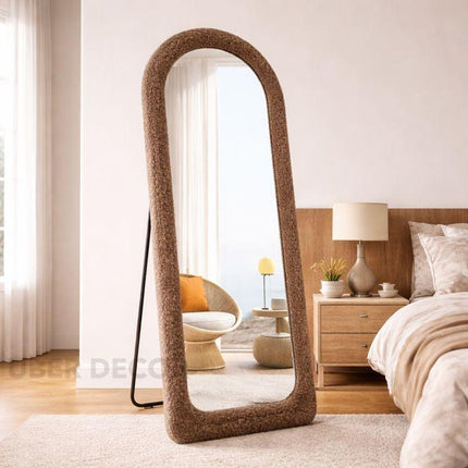 SuedeWrap Luxe Arched Full Length Upholstered Standing Mirror for Bedroom with optional LED light