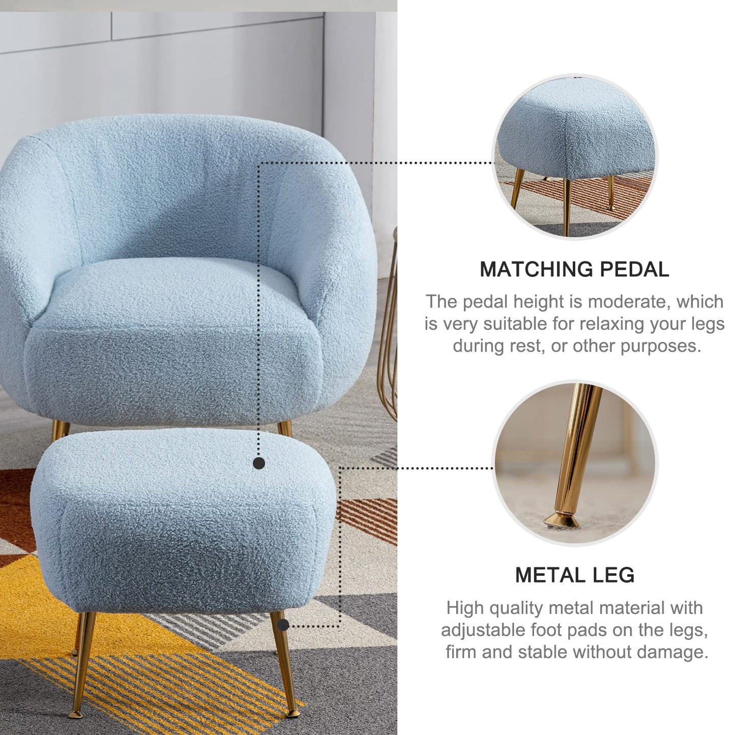 Aurora Upholstered Boucle Chair with Ottoman - Modern Furniture for Living Room, Bedroom and Foyer