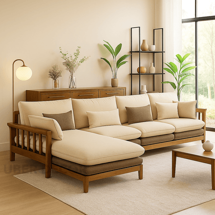 Duncan 4-Seater Japandi Style Wooden Frame L Shaped Sofa with Lounger for Living Room