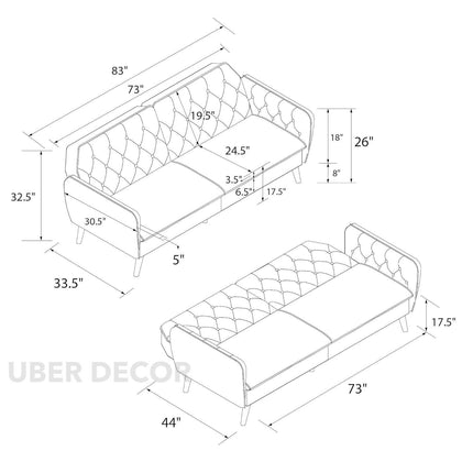 Santiago 83" Futon Sofa- Tufted Laid Back Convertible Futon Couch Bed for Small Spaces, Home or Office