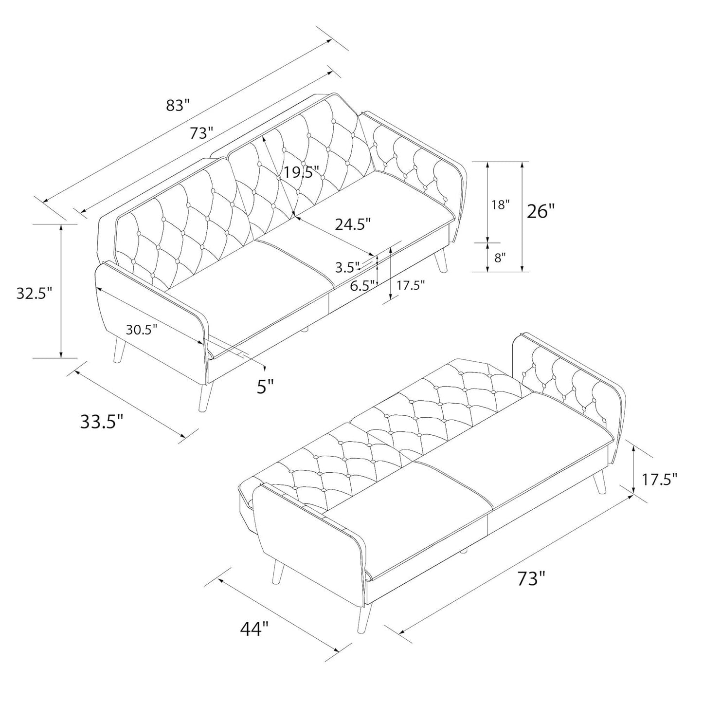 Santiago 83" Futon Sofa- Tufted Laid Back Convertible Futon Couch Bed for Small Spaces, Home or Office