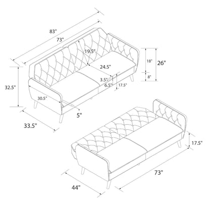 Santiago 83" Futon Sofa- Tufted Laid Back Convertible Futon Couch Bed for Small Spaces, Home or Office